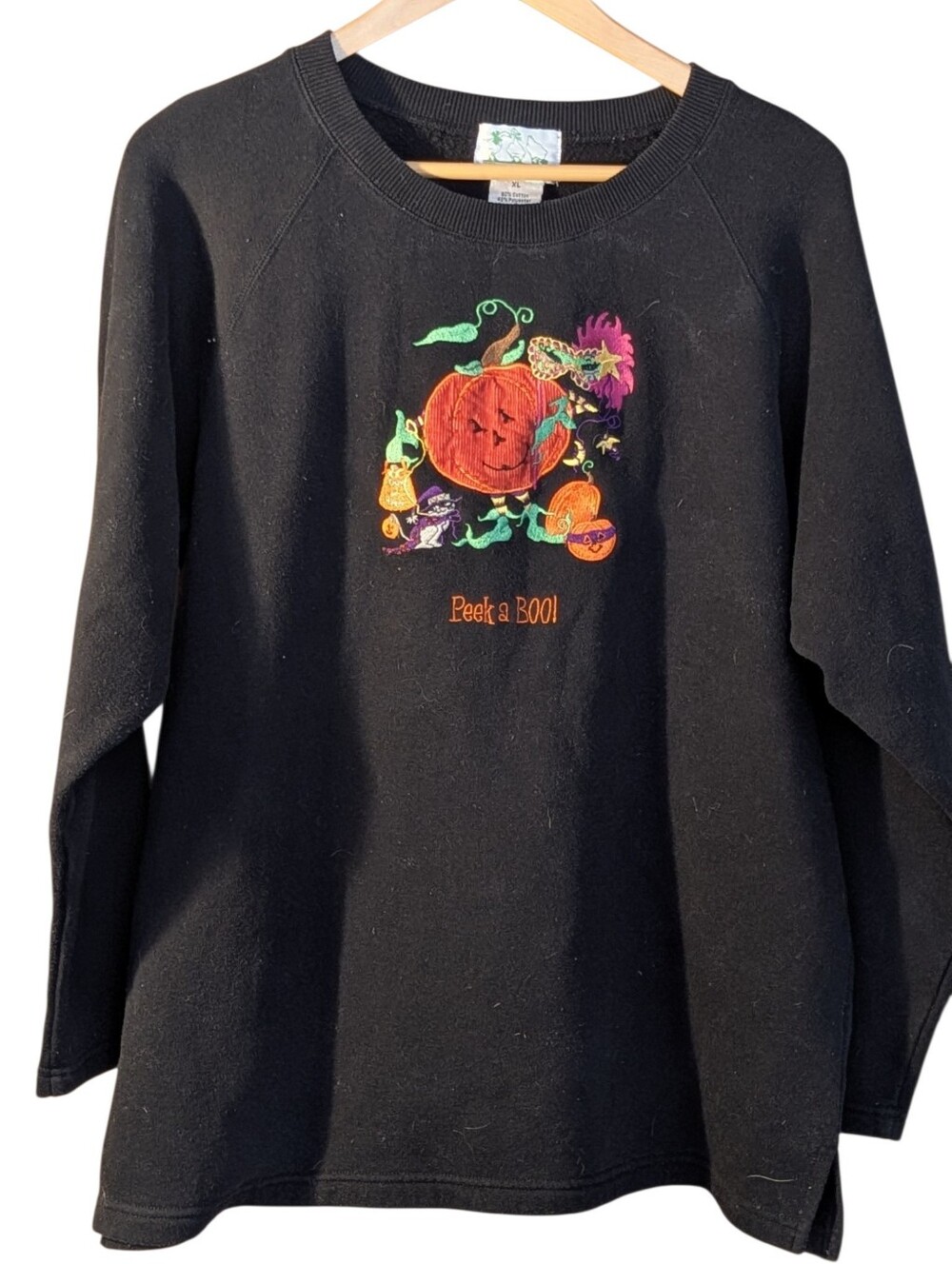 Quacker Factory Peek-a-BOO! Black Halloween Sweatshirt XL Holiday Halloween